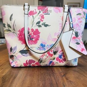 Guess Floral Saffiano Leather Tote Bag Cream Pink